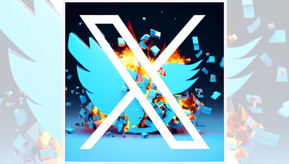 Full color Twitter logo smashed into pieces and on fire with the new X from X Corp logo on top in white.